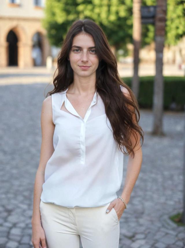 A woman with long brown hair wearing a white sleeveless blouse and beige pants standing on a town cobblestone street with trees and a historic building in the background.