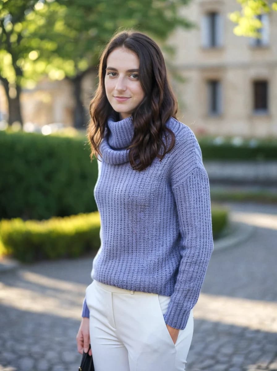 A woman wearing a lavender turtleneck sweater and white pants standing in a sunny outdoor town setting with trees and a historic building in the background.