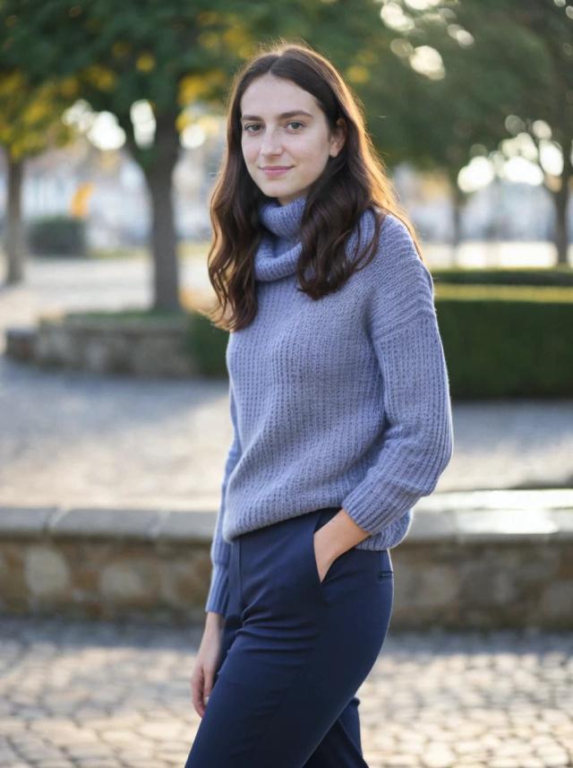 A woman wearing a cozy blue sweater and navy pants standing outdoors in a town with autumn trees in the background.