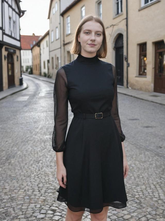 A woman wearing a black dress with sheer sleeves and a belt stands in the middle of a cobblestone street, with historical European-style buildings lining the road.