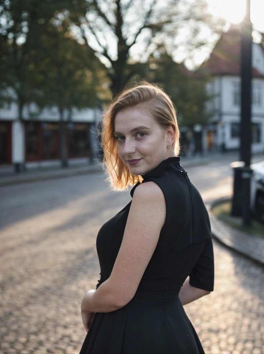 A woman standing on a cobblestone street, looking over her shoulder, wearing a black sleeveless dress with a flared skirt. The setting sun casts a warm glow on the scene with trees and buildings in the background.