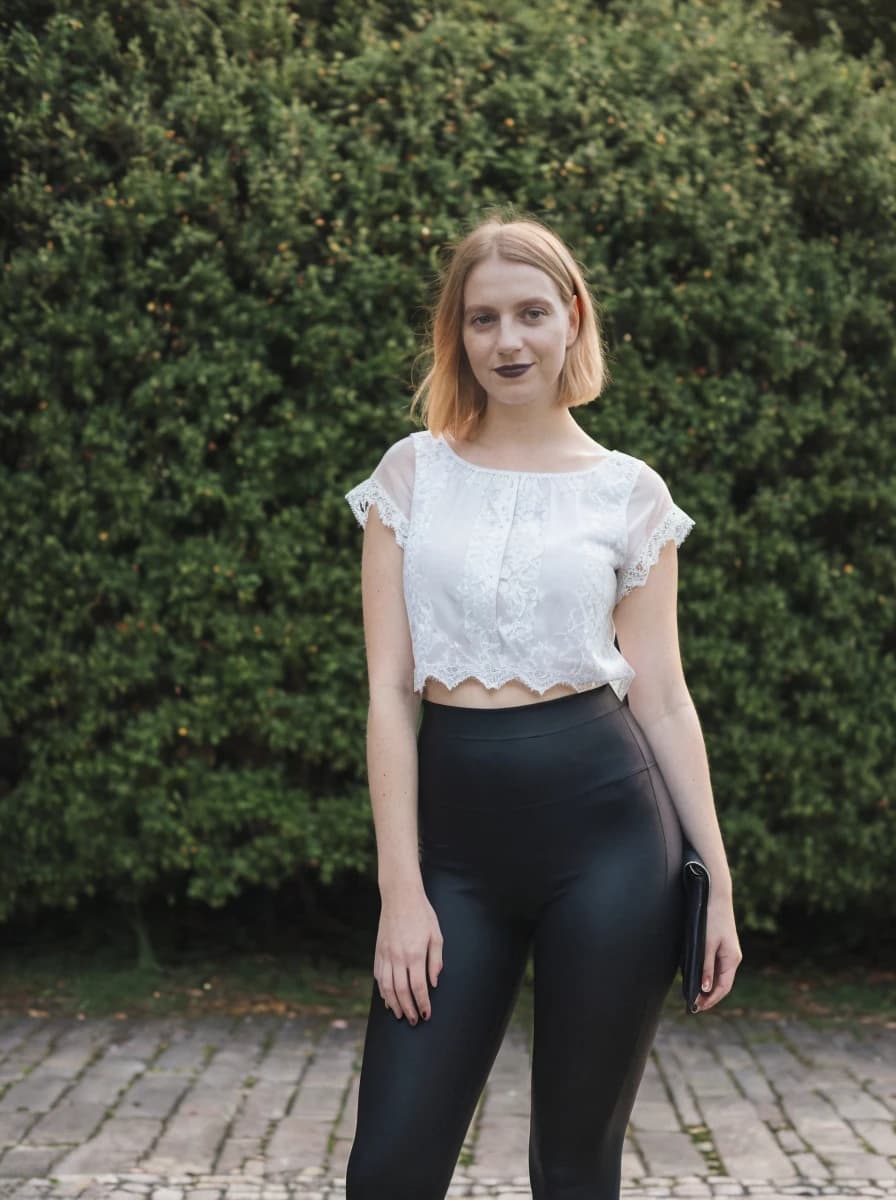 A woman stands with their hands by their sides wearing a white lace top and black form-fitting pants. They are against a background of dense green bushes. A cobblestone path is visible at their feet.