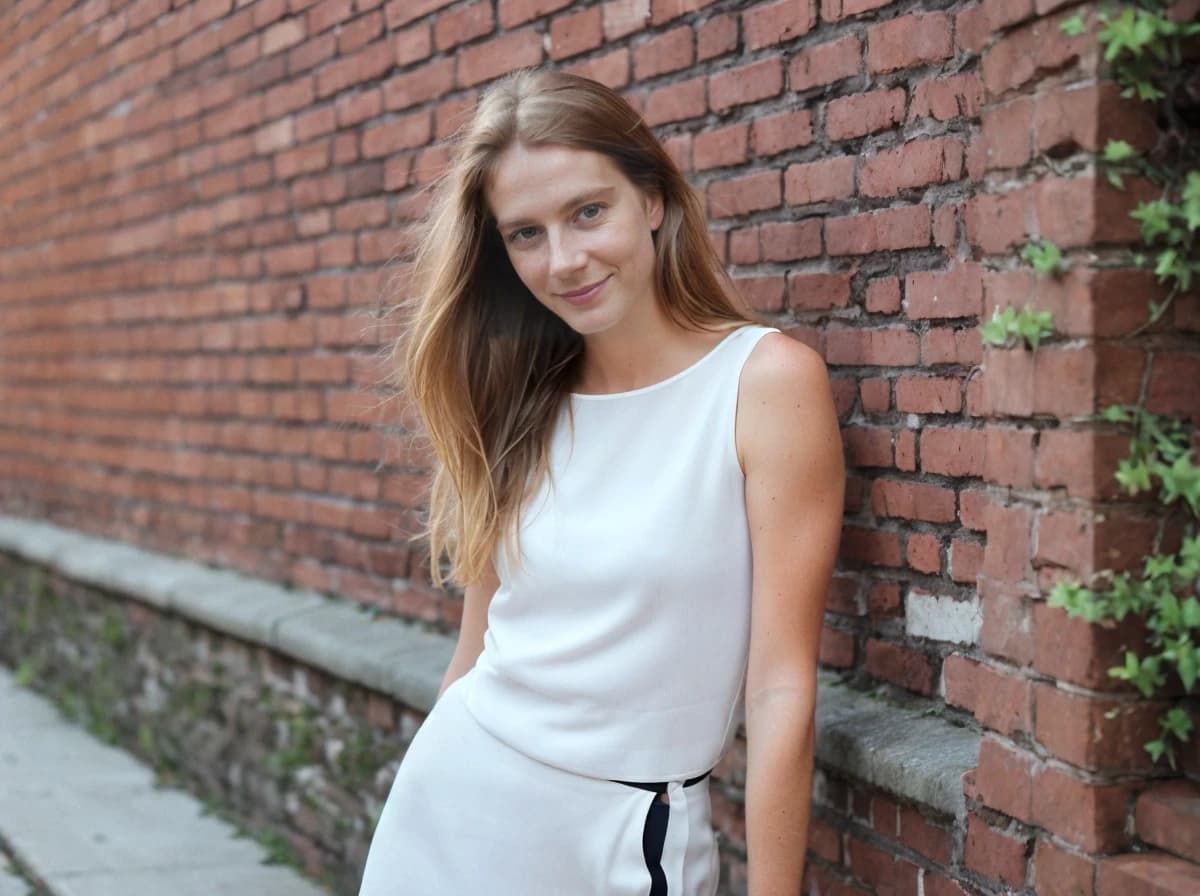 wide portrait photo of a woman in a white sleeveless top and matching skirt leaning against a brick wall covered in ivy.