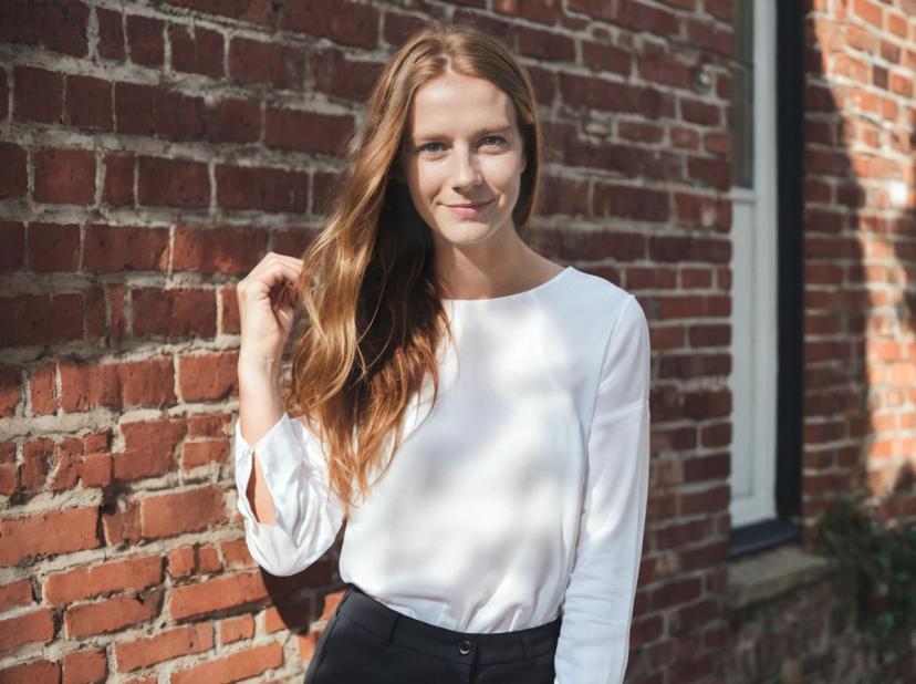 wide portrait photo of a woman with long hair, wearing a white blouse and black pants, stands in front of a brick wall, touching her hair.