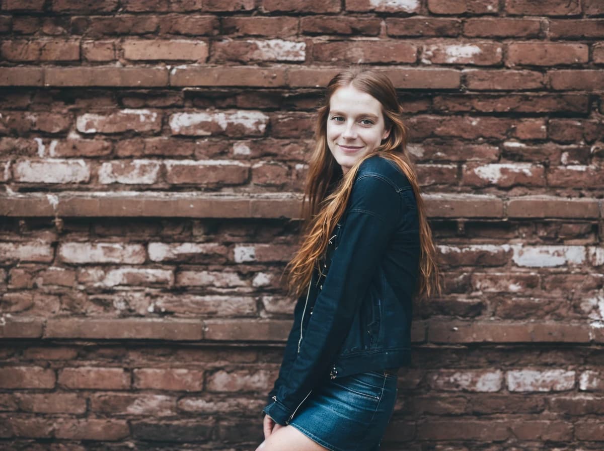 wide portrait photo of a woman with long hair wearing a dark jacket and denim skirt stands in front of a textured brick wall.