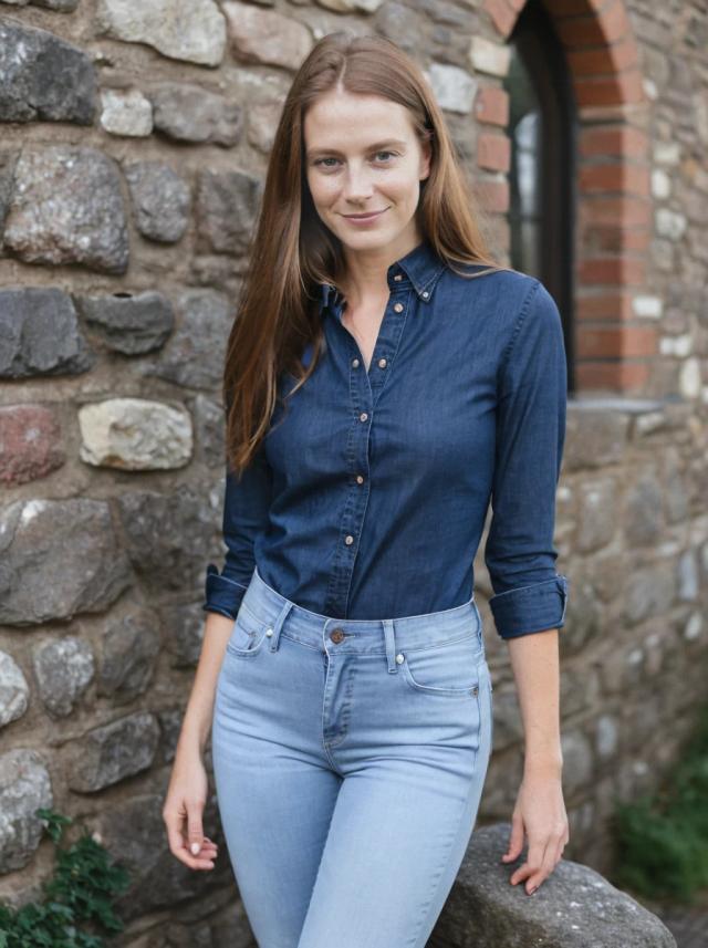 portrait photo of a woman wearing a dark blue button-up shirt and light blue jeans stands in front of a stone wall with an arched brick window to the right. She has long hair that flows over her shoulders.