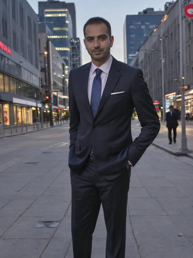 portrait photo of a man in a sharp, dark suit stands confidently in the middle of a deserted urban street with hands in pockets. Behind him, the cityscape features modern buildings and illuminated storefronts under a dusky sky.