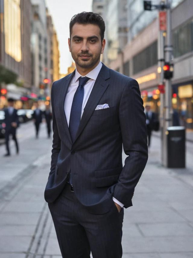 portrait photo of a man standing on a city street wearing a dark pinstripe suit, a light blue shirt, and a dark tie, with a pocket square in the breast pocket. The background shows a bustling street scene with other pedestrians, traffic lights, and tall buildings on both sides of the street.