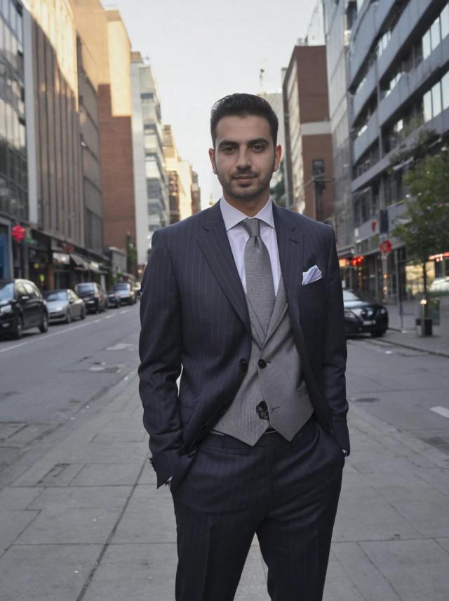 portrait photo of a man dressed in a sharp navy pinstripe suit with a vest and a tie, standing confidently with hands in pockets on a city street with buildings and cars in the background.