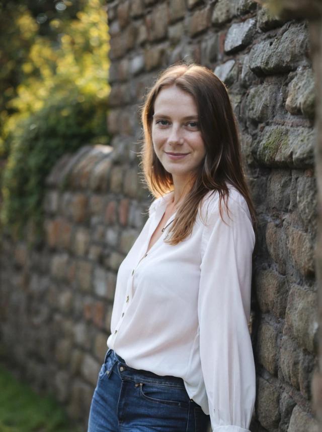 portrait photo of a woman wearing a white button-up shirt and blue denim jeans standing in front of a stone wall with lush green foliage in the background.