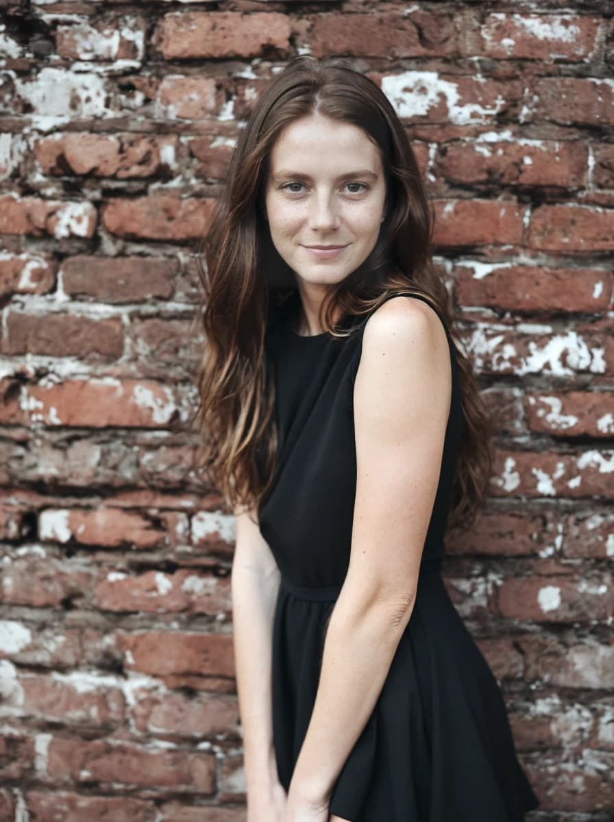 portrait photo of a woman in a black sleeveless dress standing in front of a weathered brick wall with peeling white paint. The woman has long brown hair draped over her right shoulder.