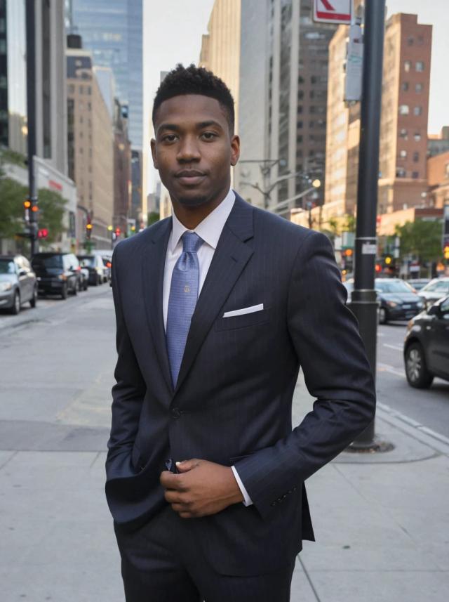 portrait photo of a man standing on a city street wearing a dark, pinstriped suit with a light blue tie and pocket square, with his left hand lightly positioned on his jacket. The background shows city traffic and skyscrapers under a clear sky.