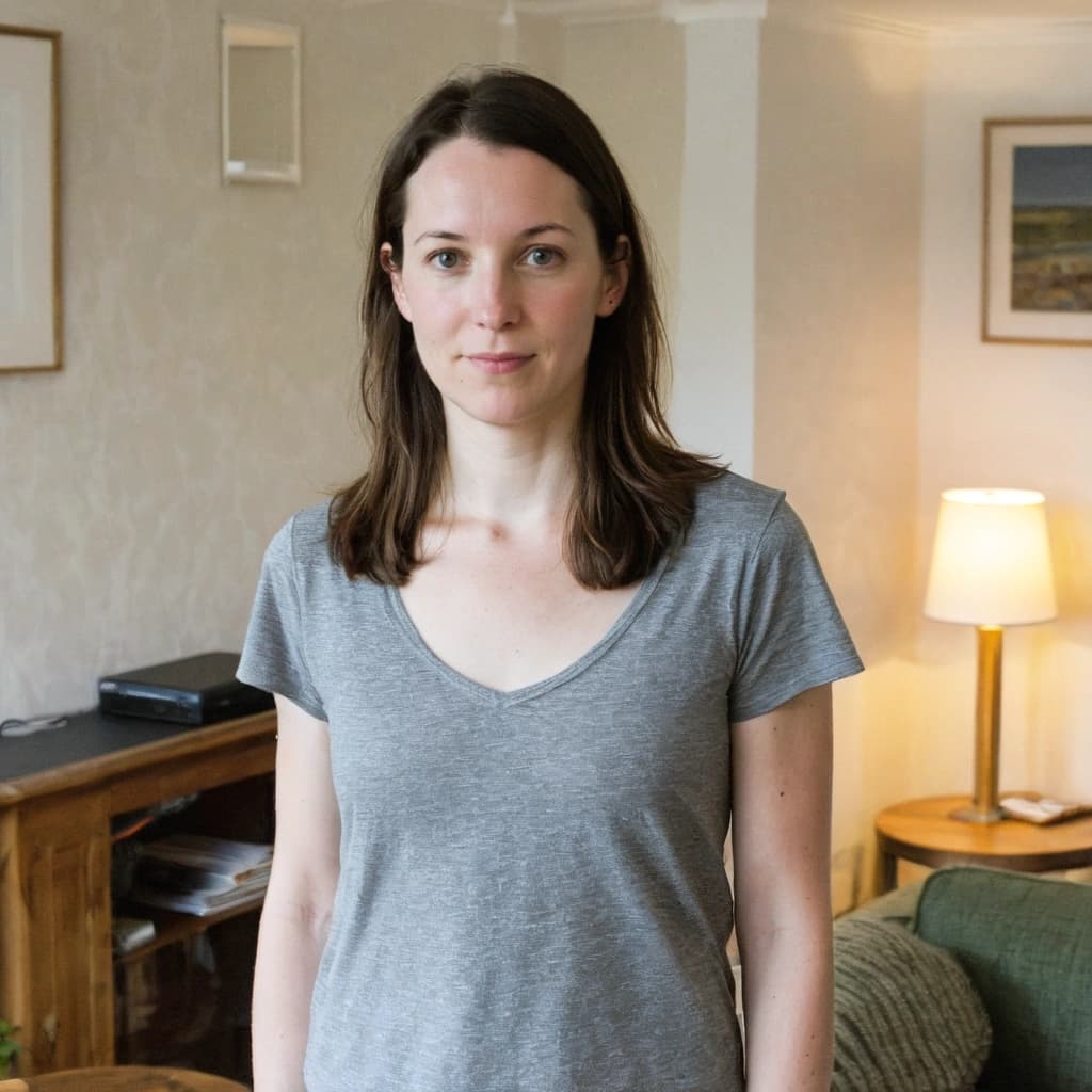 A woman with shoulder-length brown hair, wearing a grey V-neck t-shirt, stands in a living room with light-colored walls, a wooden side table with a lamp, and a green sofa visible in the background.