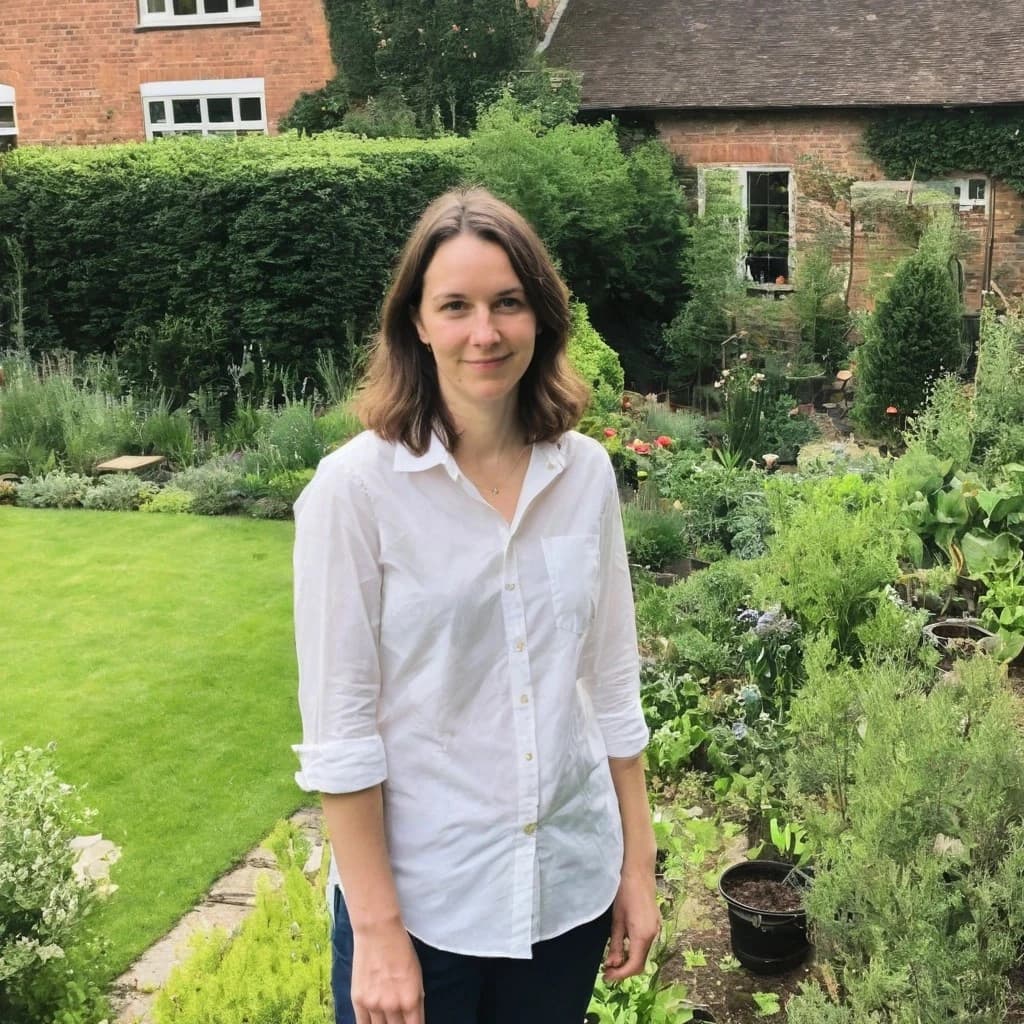 A woman with brown hair and a subtle smile stands in a lush garden, wearing a white button-up shirt and dark pants, with a brick house and dense greenery in the background.