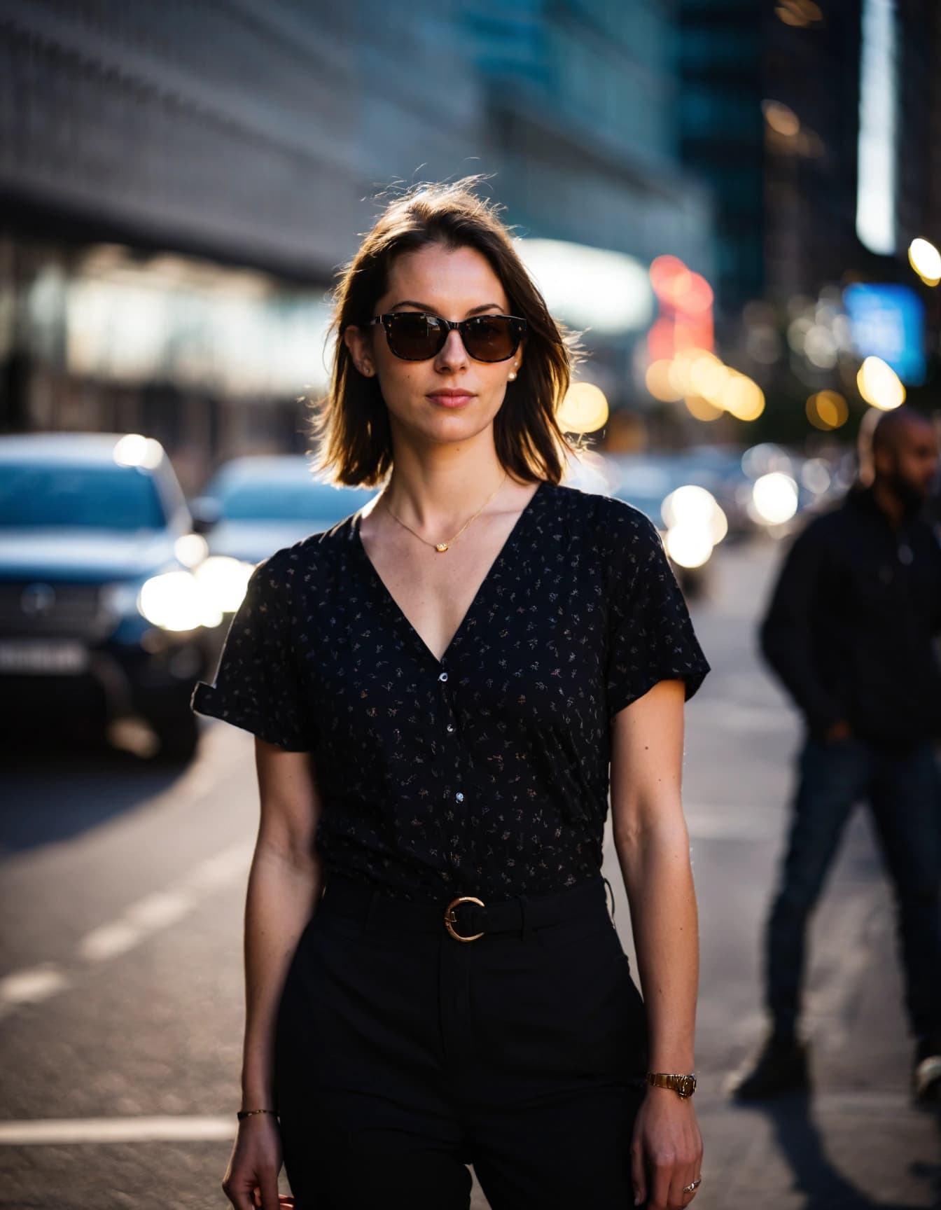 A woman wearing sunglasses, a black patterned V-neck top, and high-waisted black trousers with a gold-buckled belt stands on a city street, with blurred cars and city lights in the background.