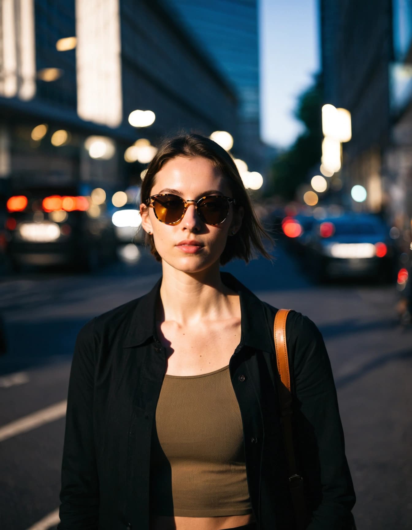 A young woman with short brown hair wears sunglasses, a black unbuttoned shirt over a dark olive crop top, and a brown-strapped bag, standing on a city street with blurred car lights and buildings in the background.