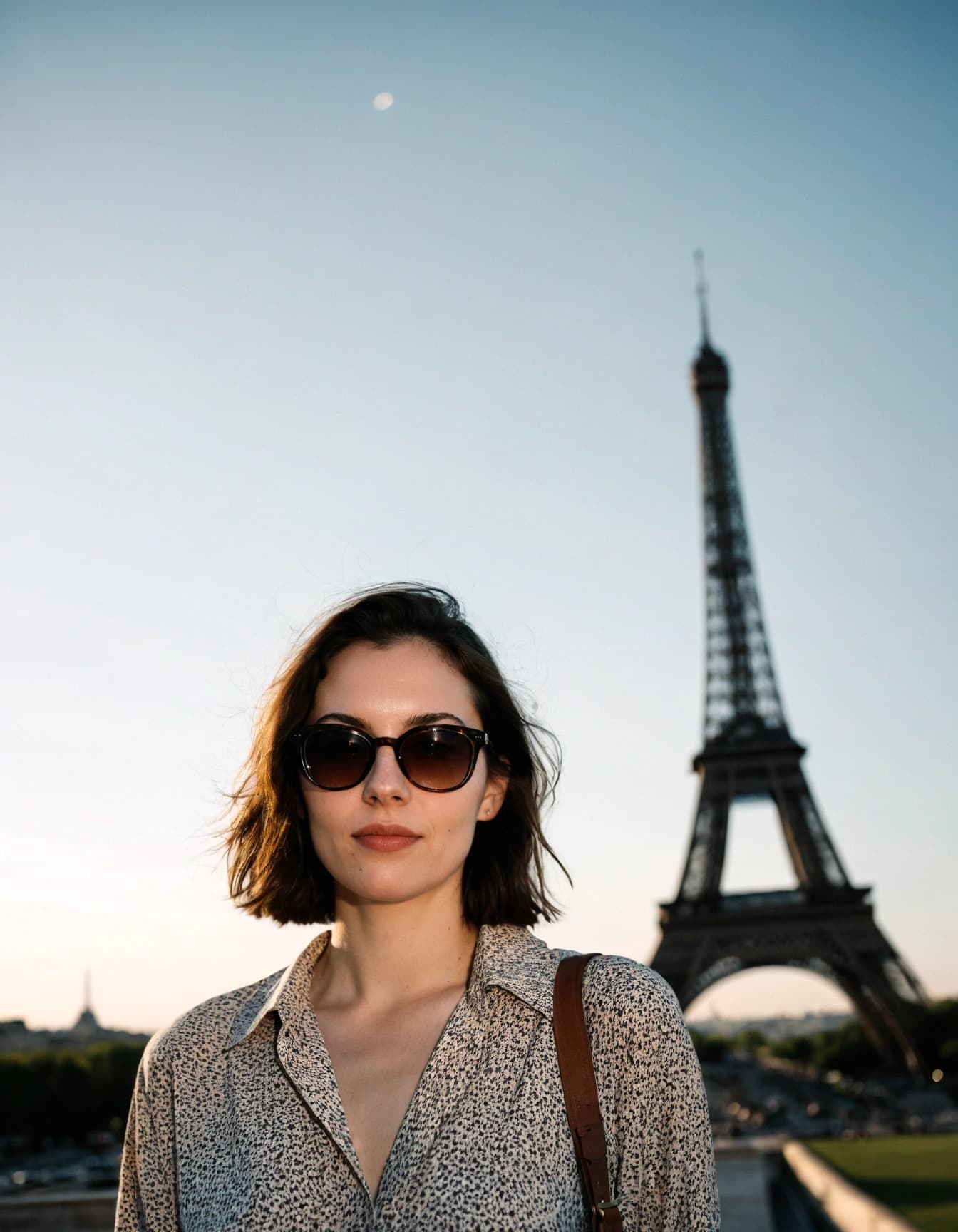 A woman with bobbed brown hair and sunglasses stands in front of the Eiffel Tower, wearing a patterned collared shirt and a brown-strapped bag, under a clear sky with the moon faintly visible.