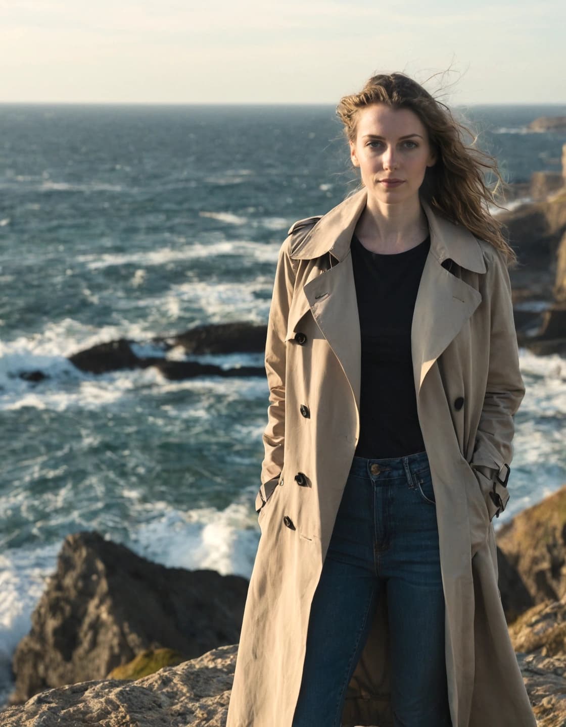 A young woman with wavy brown hair stands on a rocky cliff overlooking a turbulent ocean, looking directly at the camera. She is wearing a long, light beige trench coat over a black top and blue jeans, with her hands in her pockets. The sea with crashing waves and rugged coastline is visible behind her under a clear sky.
