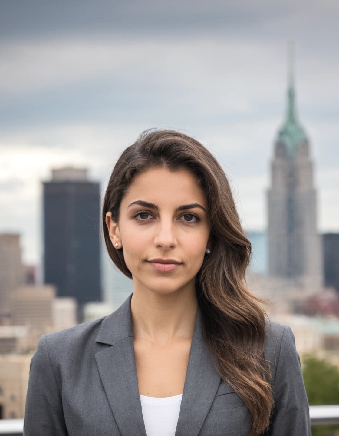 A headshot of a young woman with long, dark brown wavy hair, looking directly at the camera with a neutral expression. She is wearing a gray blazer over a white top and small pearl earrings. In the blurred background, a city skyline with a prominent skyscraper is visible under a cloudy sky.
