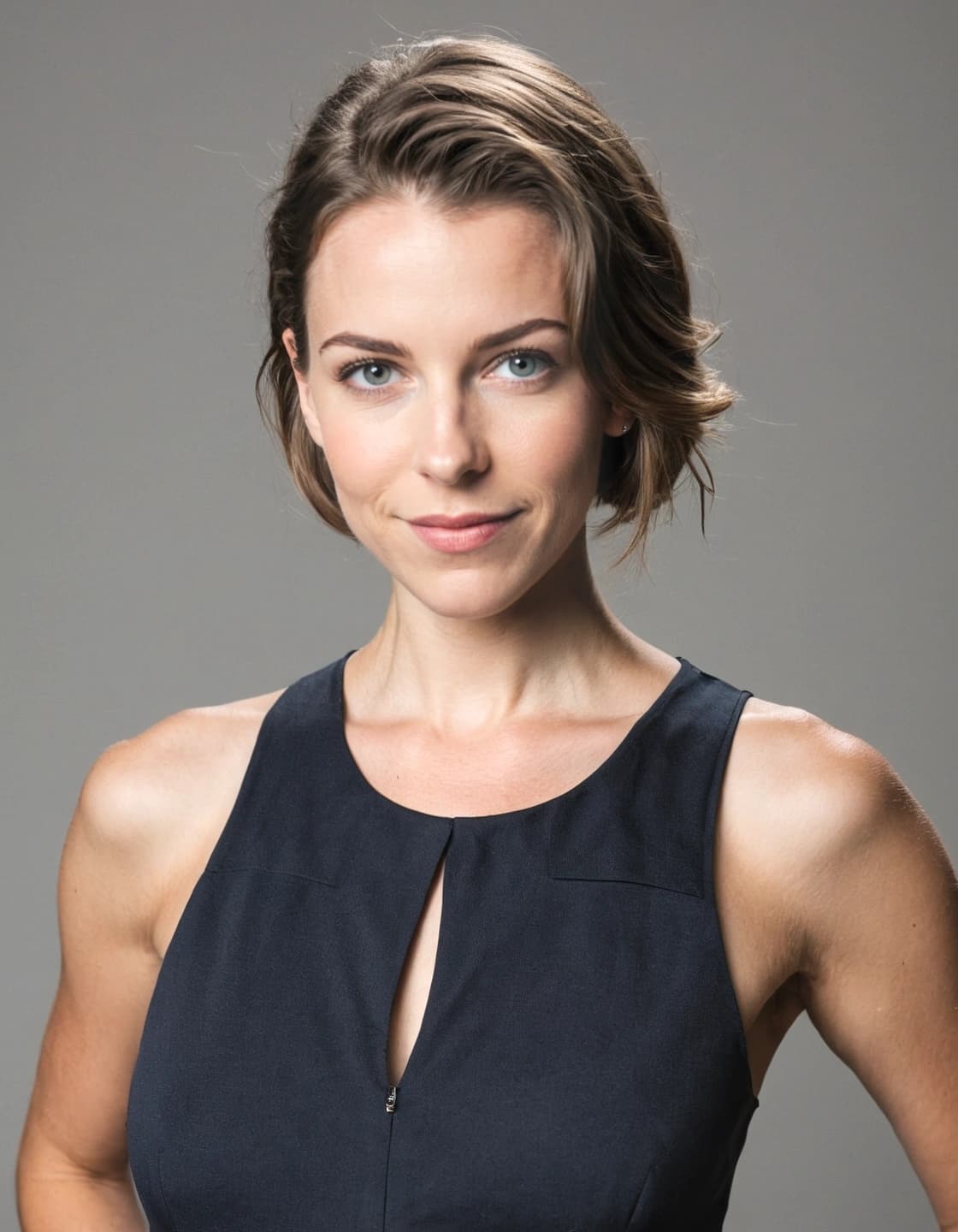 A headshot of a young woman with short, wavy brown hair and blue eyes, looking at the camera with a slight smile. She is wearing a dark sleeveless top with a small cut-out detail at the neckline. The background is a plain gray.