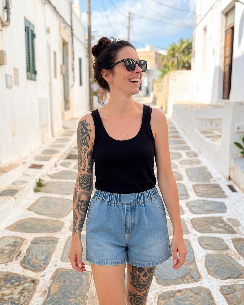 A woman with dark hair in a bun and black sunglasses stands in the center of a narrow cobblestone street lined with white buildings. She is wearing a black tank top and light blue denim shorts. Her right arm is covered in a large tattoo, and there is a visible tattoo on her left thigh. She is facing slightly to her right and laughing.