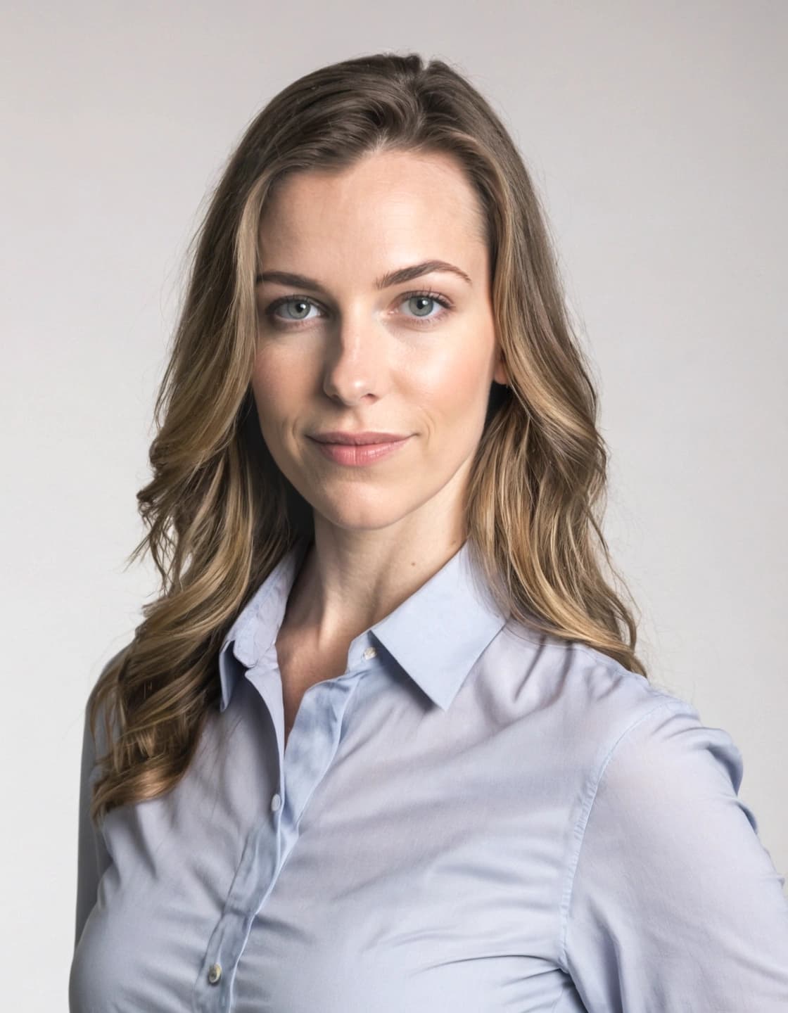 A headshot of a young woman with long, wavy brown hair and blue eyes, looking at the camera with a slight smile. She is wearing a light blue button-down shirt. The background is a plain light gray.
