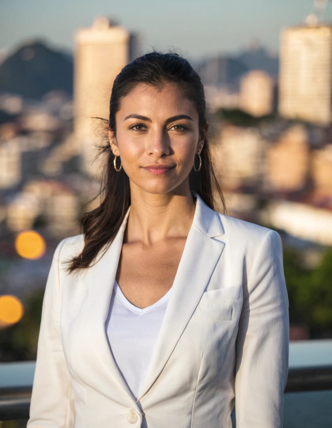 A young woman with dark hair pulled back, looking directly at the camera with a slight smile. She is wearing a white blazer over a white V-neck top and gold hoop earrings. In the blurred background, a city skyline is visible with buildings and a soft, golden light.