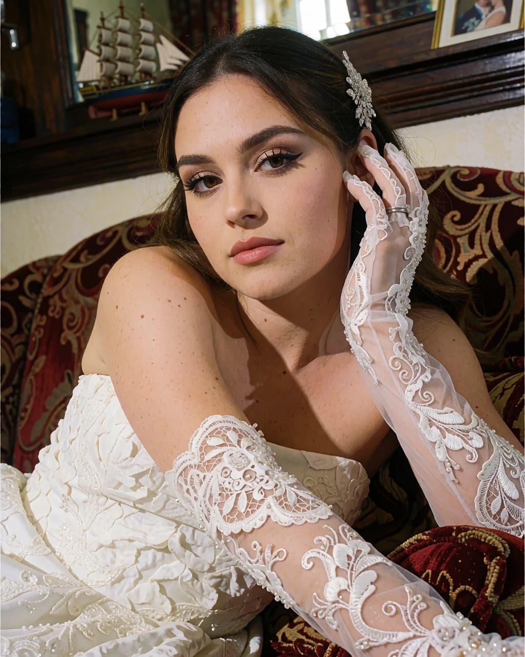 A young woman with brown hair and light makeup is wearing a strapless white wedding dress with detailed floral applique and long, sheer lace gloves. She is reclining against a patterned red and gold velvet sofa. One hand is placed near her face, revealing a ring on her finger. A shiny, ornate hair clip is pinned to the side of her hair. In the background, there is a dark wood mantelpiece with a model ship and a framed photograph resting on top of it.