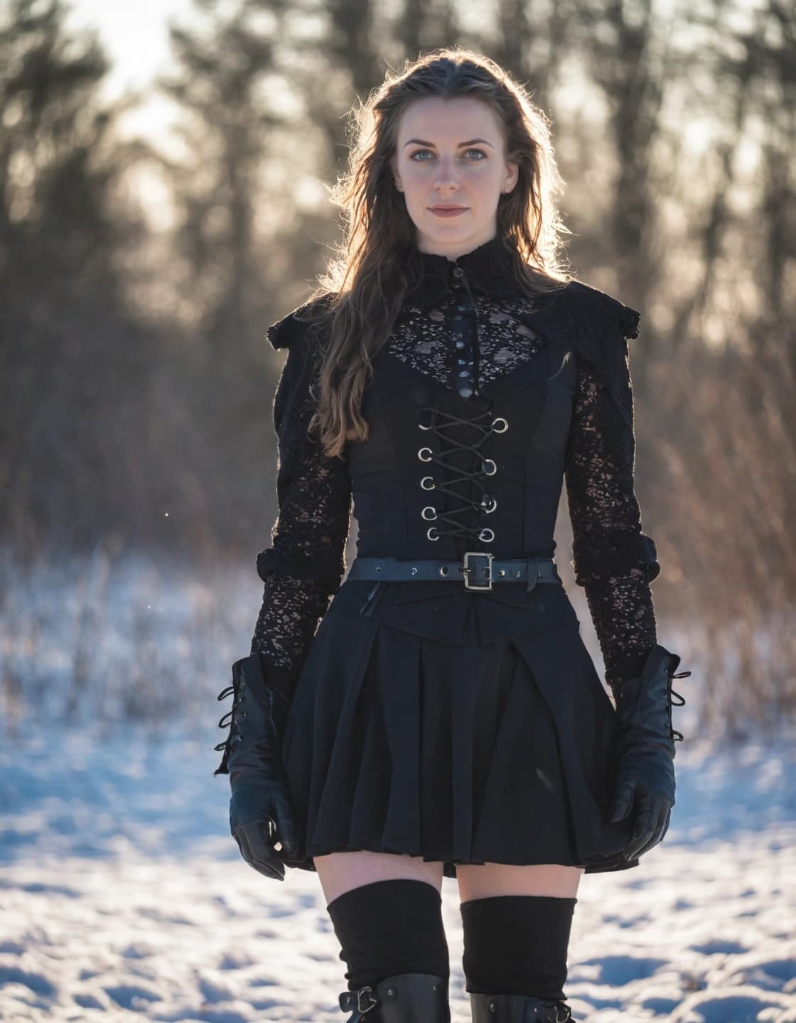 A young woman with long, wavy brown hair stands outdoors in a snowy, wooded area, looking at the camera. She is dressed in a gothic-inspired outfit, including a black lace-detailed top with long sleeves, a black corset-style vest, a black pleated mini-skirt, a belt, black gloves, black over-the-knee socks, and black boots. The background features blurred trees and a bright, hazy sky.