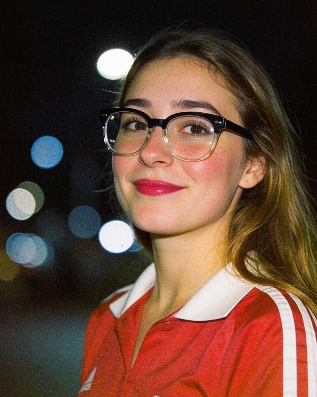 A young woman with freckles, light brown hair, and bright red lipstick is wearing black-rimmed glasses and a red polo shirt with white stripes on the shoulders. She is facing the camera with a slight smile. The background is dark and features several blurred circular out-of-focus lights.