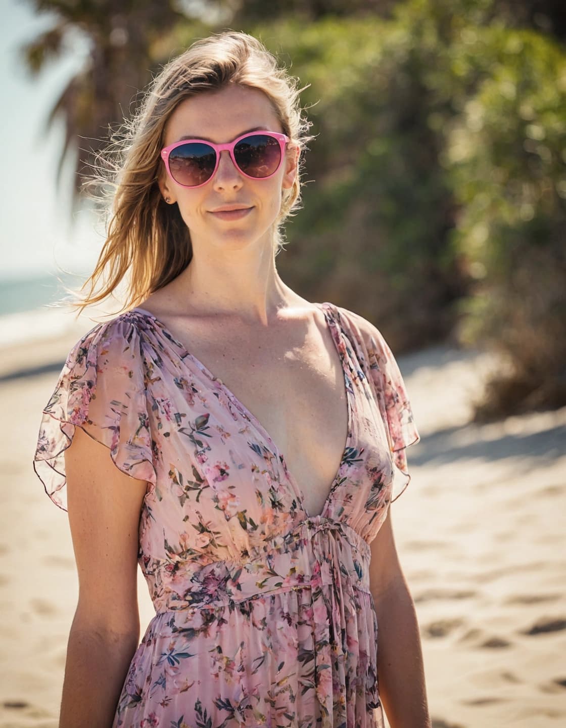 A young woman with blonde hair, wearing pink sunglasses, stands on a sandy beach looking at the camera. She is wearing a flowing, V-neck maxi dress with a floral pattern in shades of pink and green, and short, ruffled sleeves. Palm trees and green foliage are visible in the blurred background.