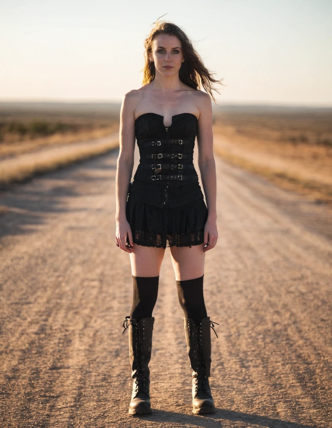 A young woman with long, windswept brown hair stands in the middle of a dusty, unpaved road, looking directly at the camera. She is wearing a strapless black corset-style top with buckles, a short black skirt with lace trim, black knee-high socks, and tall black lace-up boots. The road stretches into the distance under a vast, open sky with a subtle horizon line.