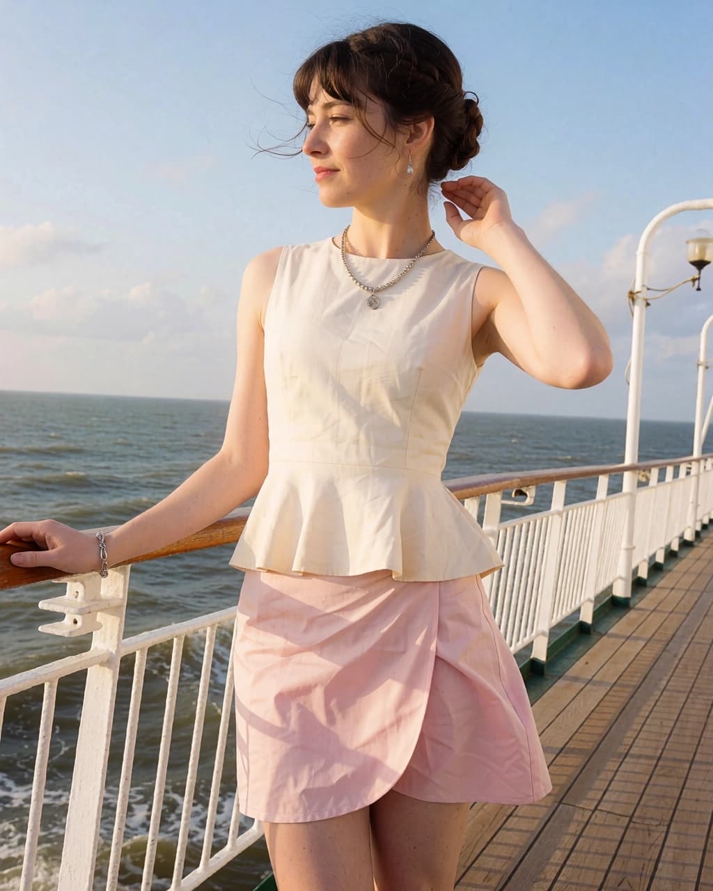 A young woman with brown hair styled in an updo with bangs stands on the deck of a ship. She is wearing a sleeveless cream-colored peplum top, a pink wrap skirt, a silver necklace, and a silver bracelet. Her right hand rests on the wooden railing of the ship, and her left hand is raised to her hair. The ocean is visible in the background under a blue sky, and a white railing and light post are along the deck.