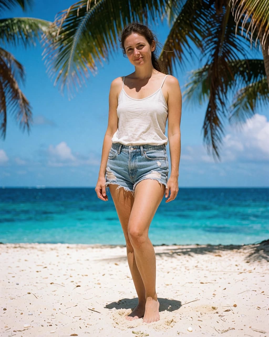 A woman with brown hair stands on a sandy beach. She wears a cream-colored spaghetti-strap tank top and light blue denim cutoff shorts. Palm tree fronds frame the upper corners of the image. The background features a calm, bright blue ocean and a clear sky with scattered white clouds. The sun casts a shadow of the woman on the sand to her left.