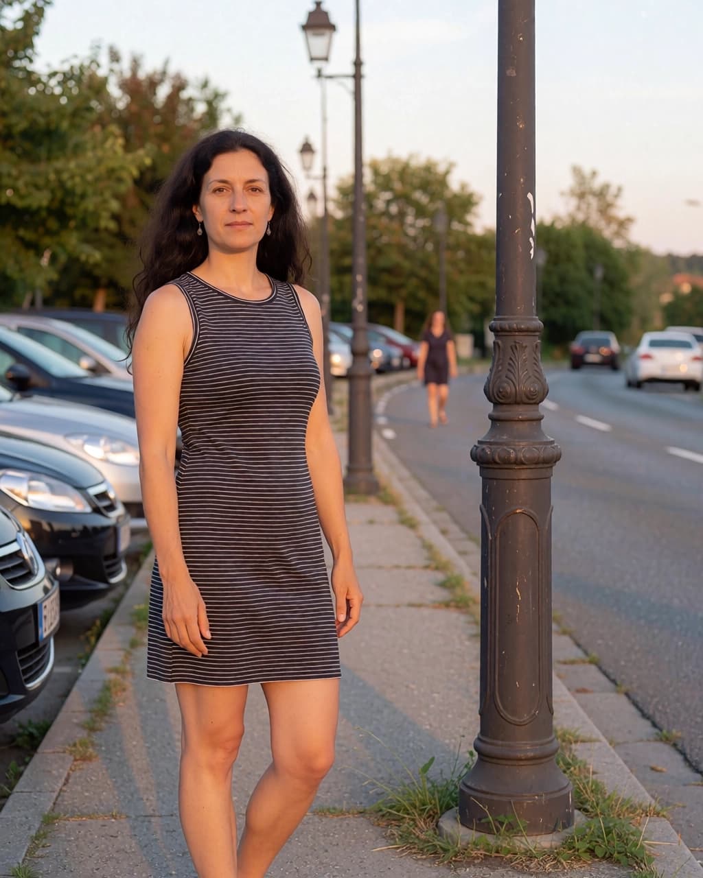 A woman with long dark hair stands on a concrete sidewalk next to a row of parked cars and a black metal lamppost. She is wearing a sleeveless gray dress with thin horizontal white stripes. Behind her, a road extends into the distance with several cars and a person walking in the background. The scene is illuminated by natural light during the daytime.