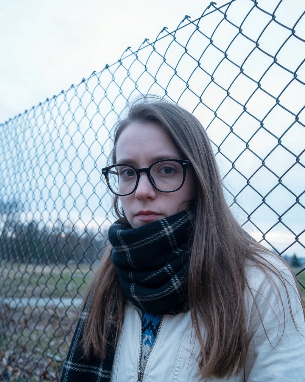 A person with long brown hair and black-framed glasses stands in front of a chain-link fence. They are wearing a dark, plaid-patterned scarf wrapped around their neck over a white jacket with a partially visible blue and white patterned garment underneath. The background shows a pale, overcast sky and a blurred grassy field.