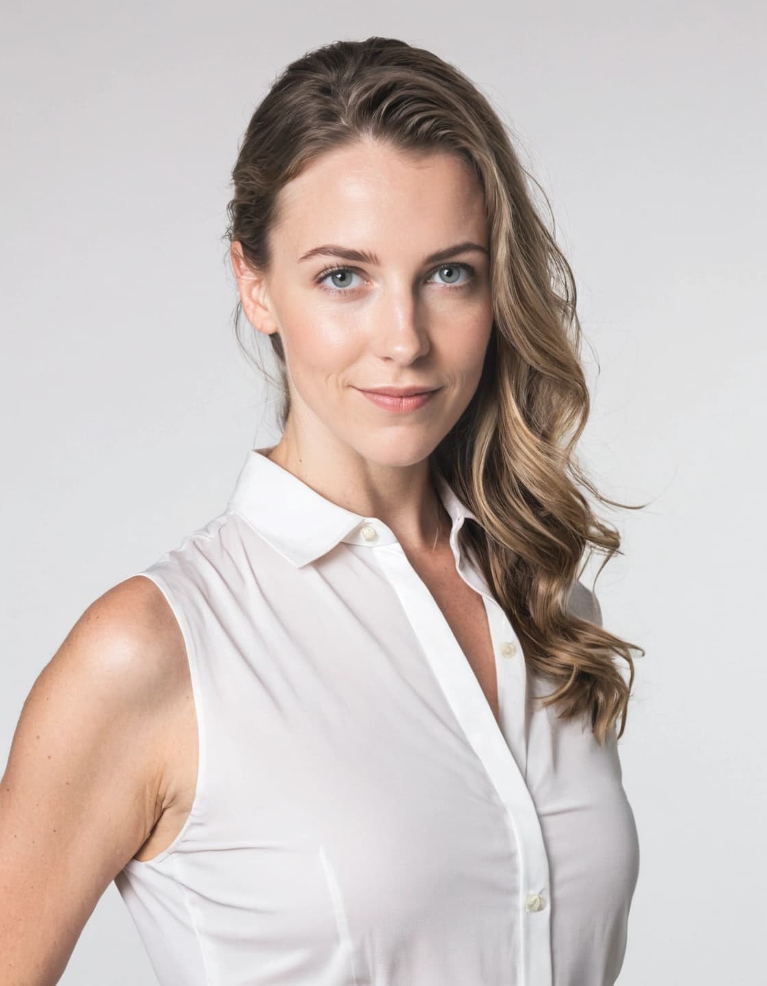 A headshot of a young woman with light brown hair pulled back on one side and styled in loose waves on the other. She has blue eyes and is wearing a white sleeveless collared shirt. She is looking at the camera with a slight smile against a plain white background.