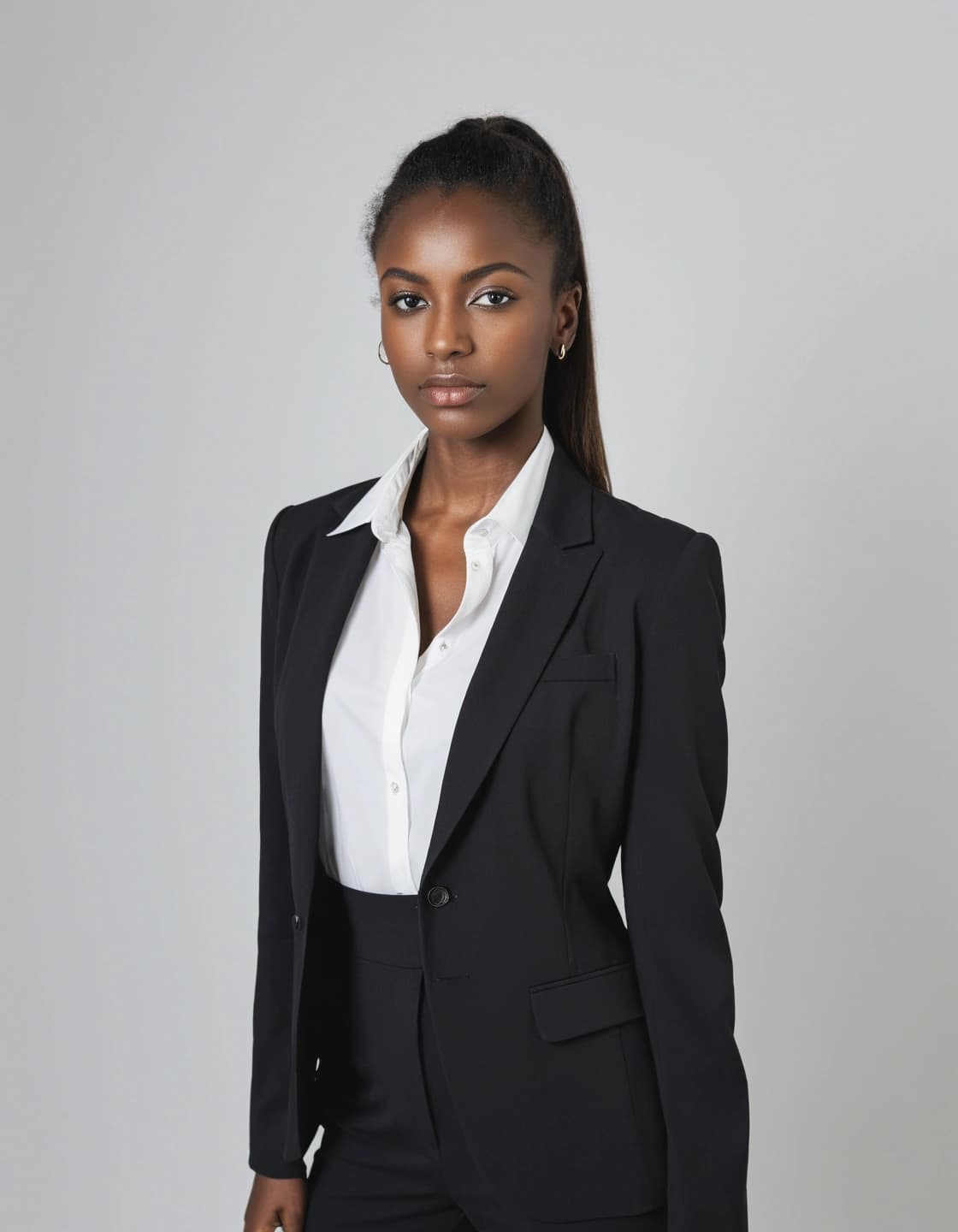 A young woman with dark skin and dark hair pulled back in a high ponytail stands facing the camera against a plain gray background. She is wearing a black suit jacket over a white collared shirt and black trousers, with small gold hoop earrings. She has a serious expression.