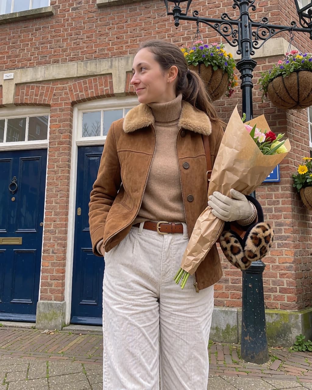 A woman stands in front of a brick building with two blue doors, smiling and looking to her left. She is wearing a brown suede jacket with a fur collar over a tan turtleneck sweater, paired with white corduroy trousers and a brown leather belt. She holds a bouquet of flowers wrapped in brown paper in one hand, while wearing a light-colored glove and carrying leopard-print earmuffs on her arm. Behind her, a black metal lamp post features hanging flower baskets.