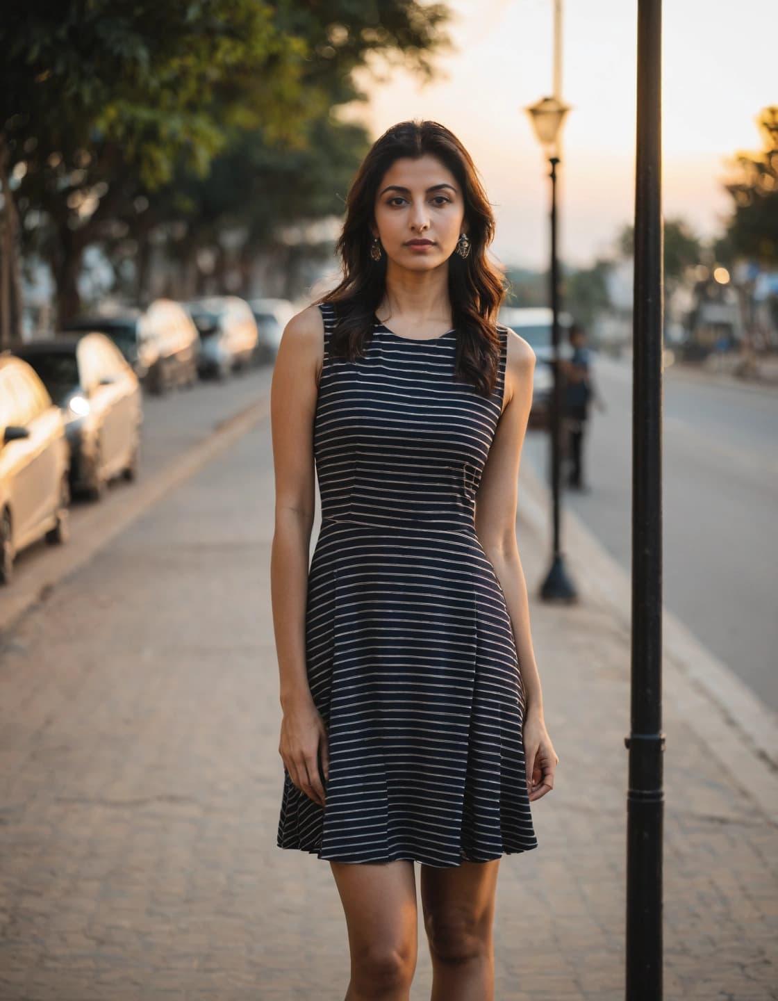 A young woman with dark, wavy hair and dark eyes stands on a sidewalk next to a lamppost, looking directly at the camera. She is wearing a sleeveless black dress with thin white horizontal stripes. In the blurred background, there's a street with parked cars and trees under a soft, evening light.