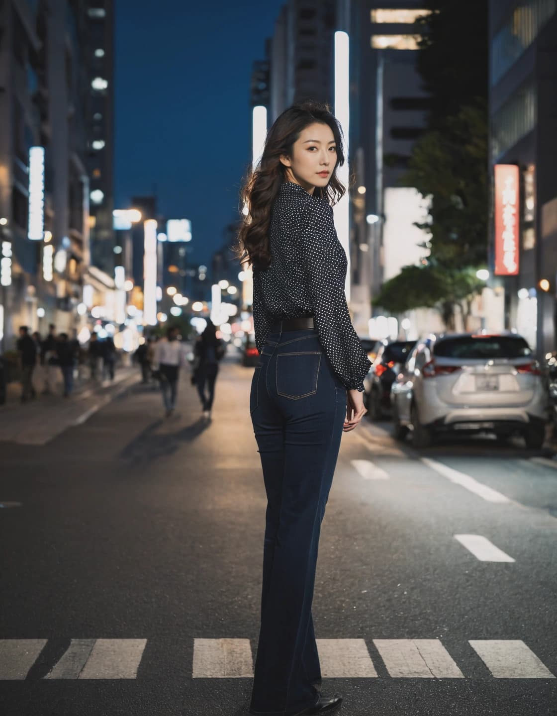 A young woman with long, dark, wavy hair stands in the middle of a city street at night, looking over her shoulder at the camera. She is wearing a dark, long-sleeved, polka-dotted blouse tucked into high-waisted dark blue jeans with a brown belt. The street is lit by tall, narrow vertical lights on the buildings and car headlights, with blurred figures of people walking in the background.
