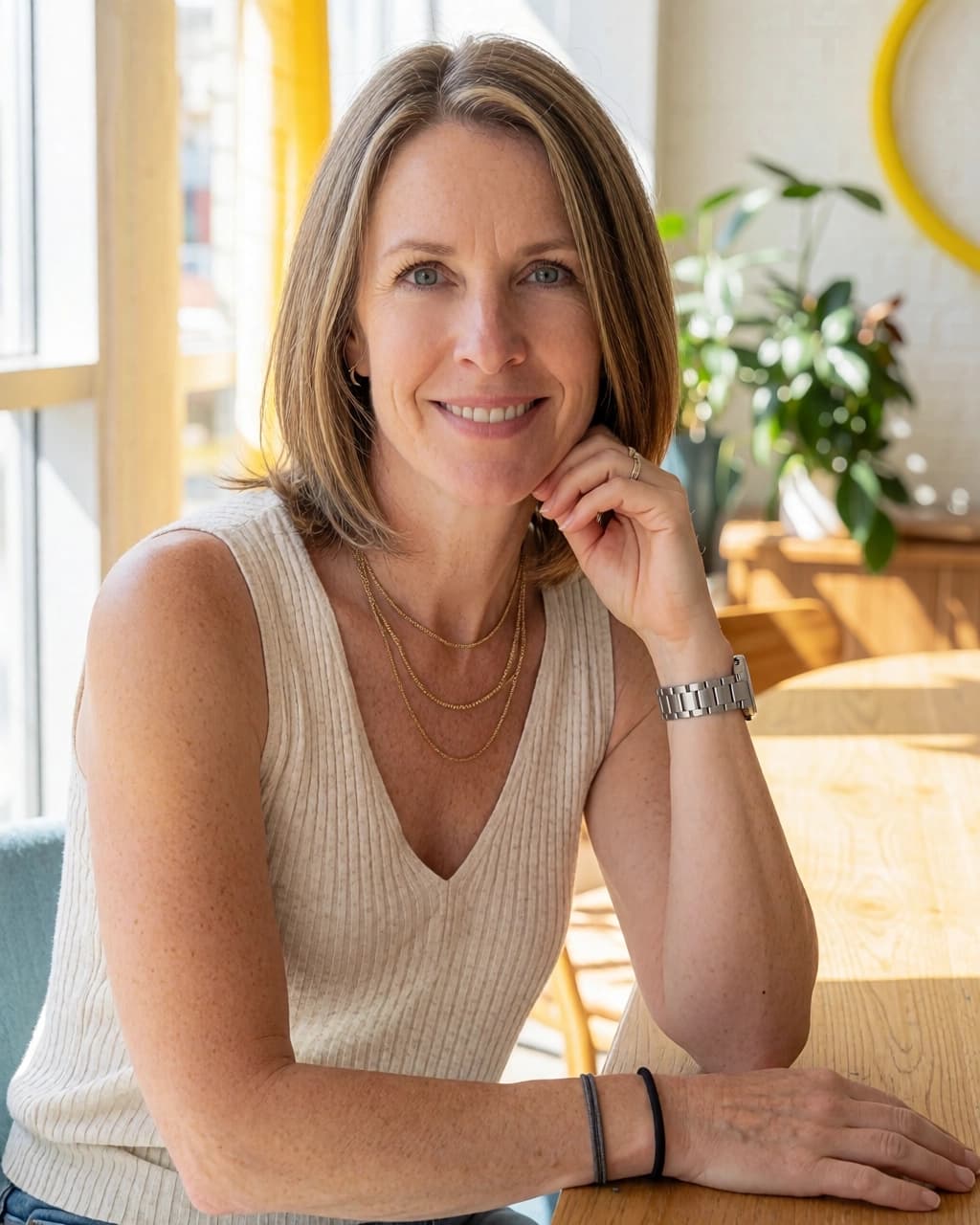 A woman with shoulder-length brown hair sits at a wooden table, smiling toward the camera. She wears a beige ribbed tank top, a multi-layered gold necklace, and a metal wristwatch on her left wrist. Her right hand is resting on the table while her left hand is positioned near her chin. In the background, there is a window to the left, a green potted plant, and a yellow circular object on a wall.