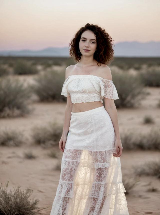 AI portrait photo of woman with curly hair wearing a white lace top and dress, standing on a desert field