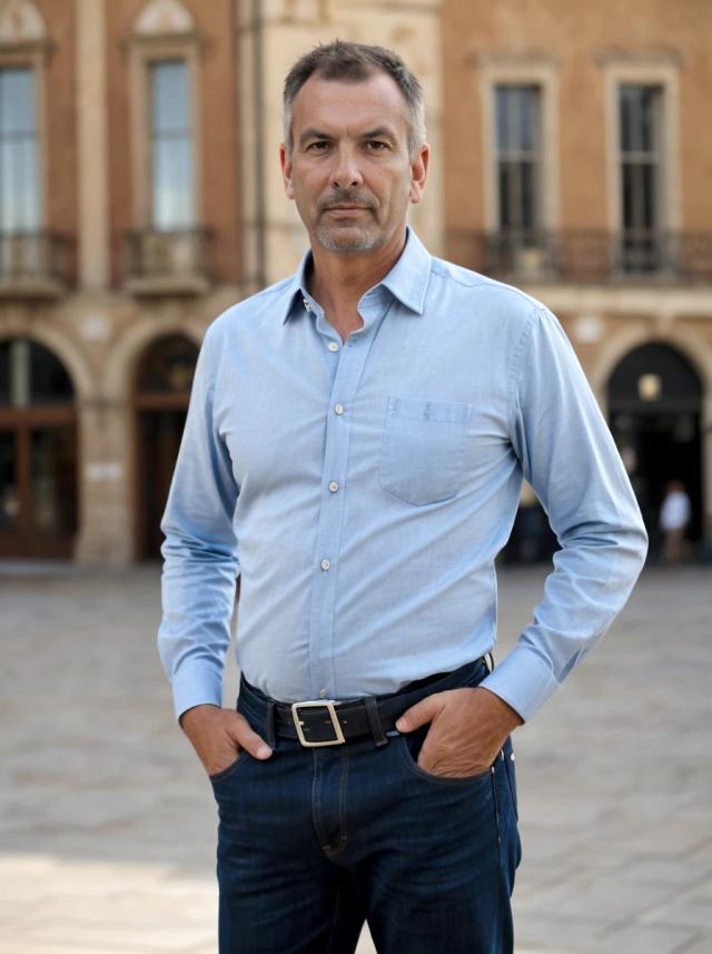 AI portrait photo of a middle aged man wearing a light blue shirt and dark jeans, posing against a town building