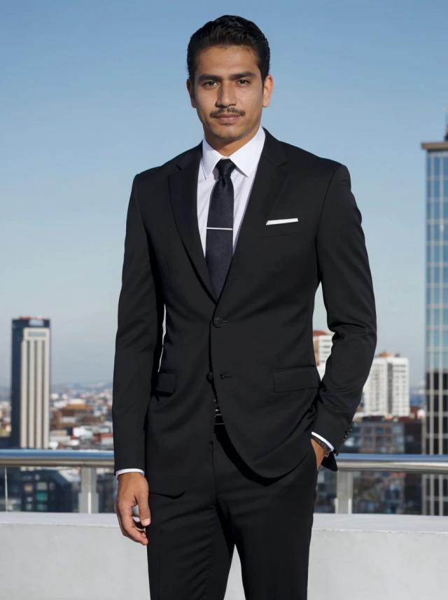 AI portrait photo of a man with a mustache wearing a black business suit, posing against a modern city background
