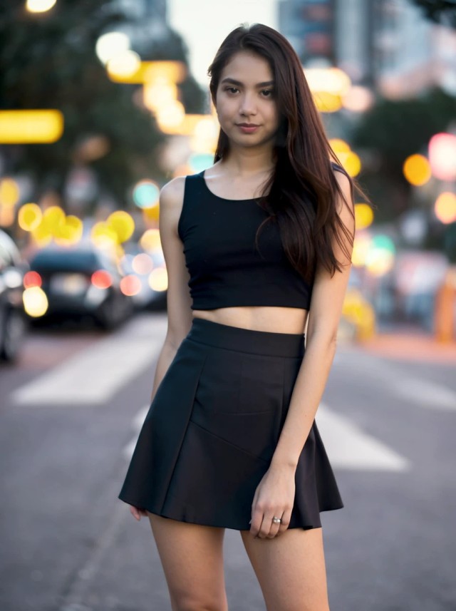 AI portrait photo of a cute woman wearing a black crop top and a skirt posing in a city street with a bokeh background