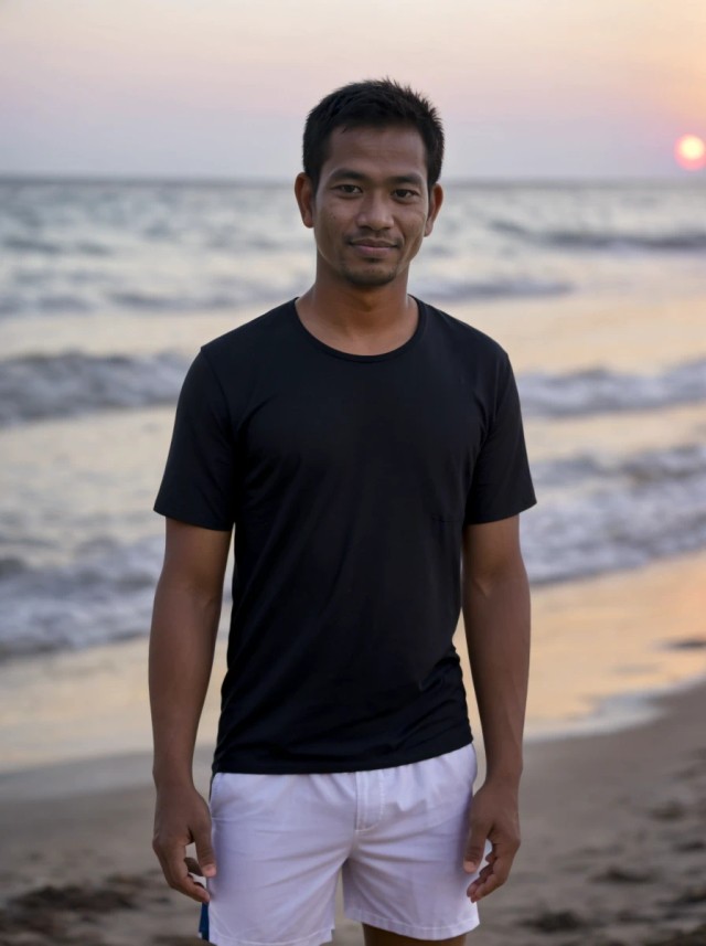 AI portrait photo of an asian young man wearing a black shirt and shorts, standing at a beach at sunset