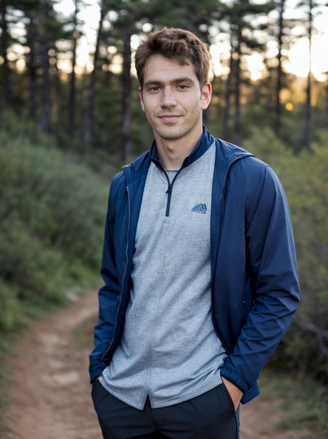 AI portrait photo of a young man wearing a sporty outfit, posing on a forest trail