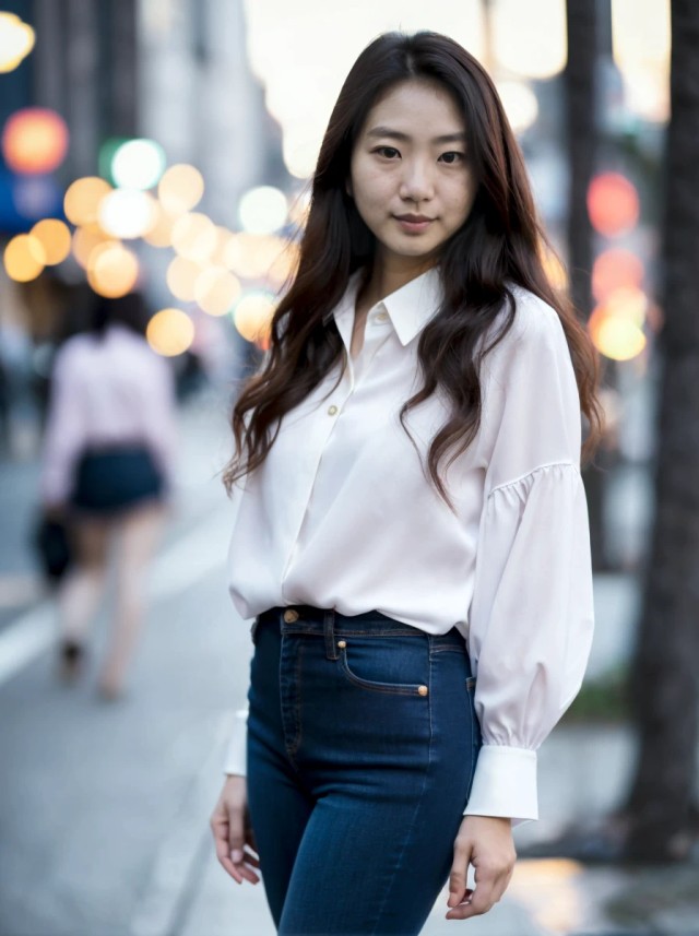 AI portrait photo of an asian woman wearing a fancy shirt and blue jeans, posing in a city sidewalk with a bokeh background