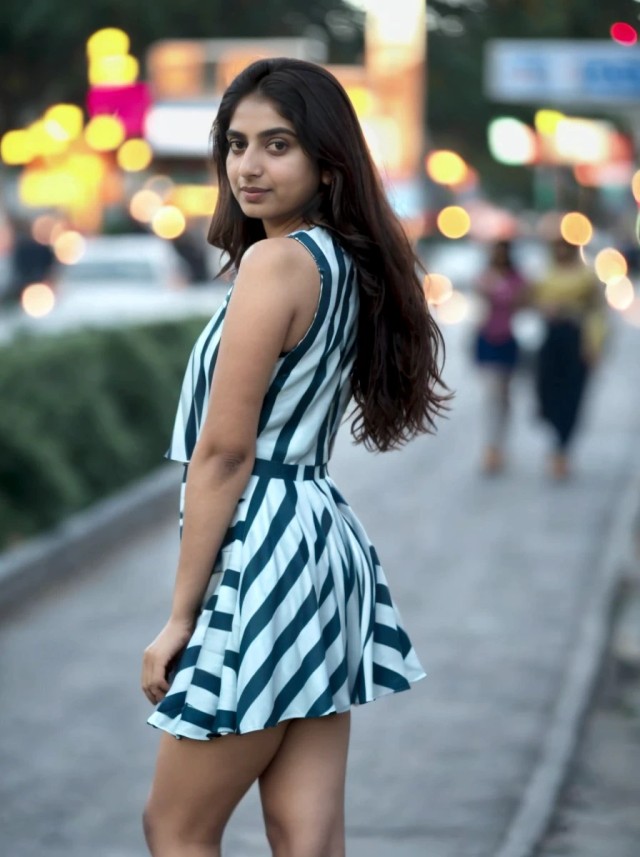 AI portrait photo of a young woman with long dark hair wearing a striped dress, looking back with a bokeh background